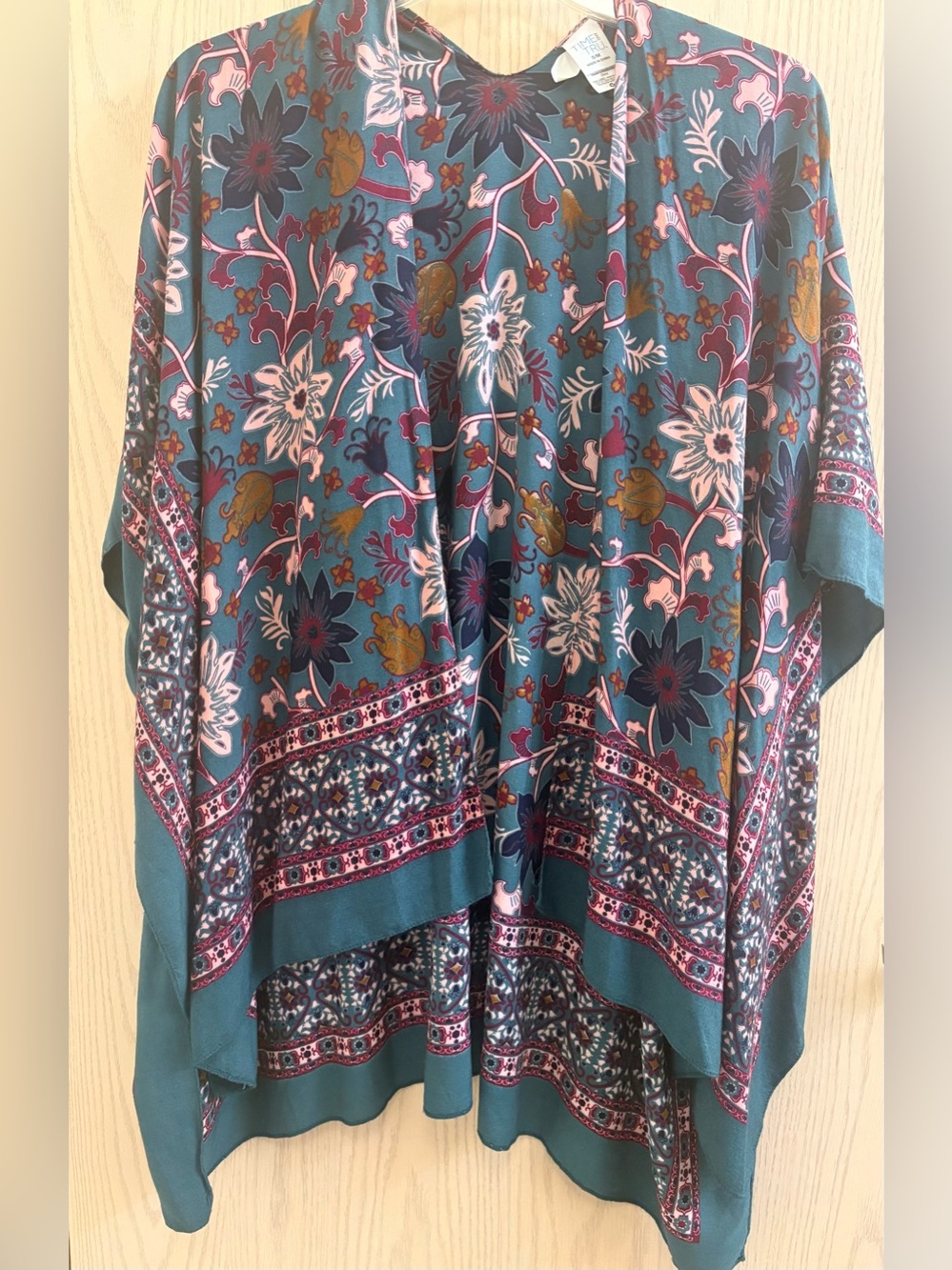 Time and Tru Teal Floral Kimono Cardigan with Pink and Gold Accents